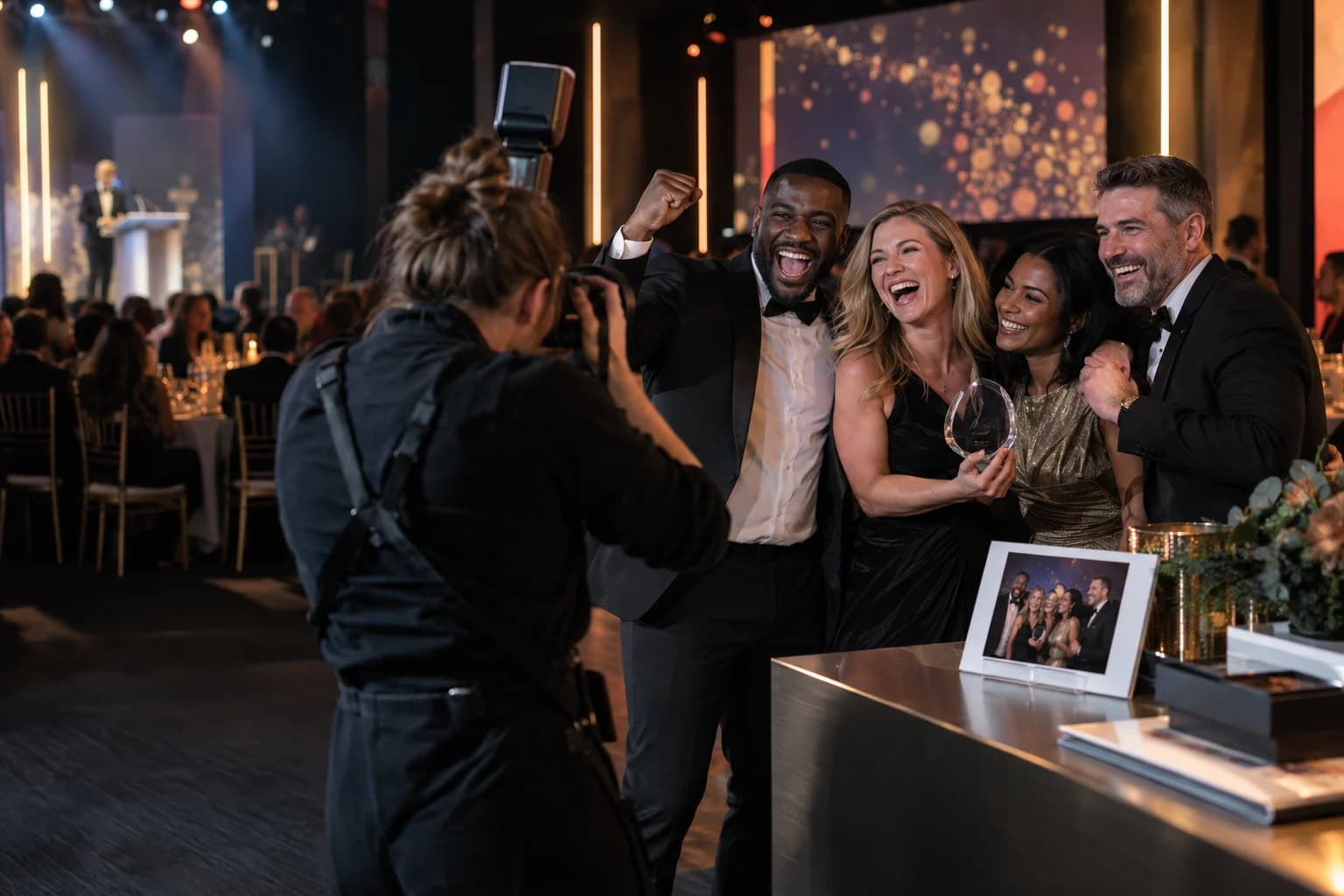 An event photographer capturing an awards celebration beside a finished printed photograph